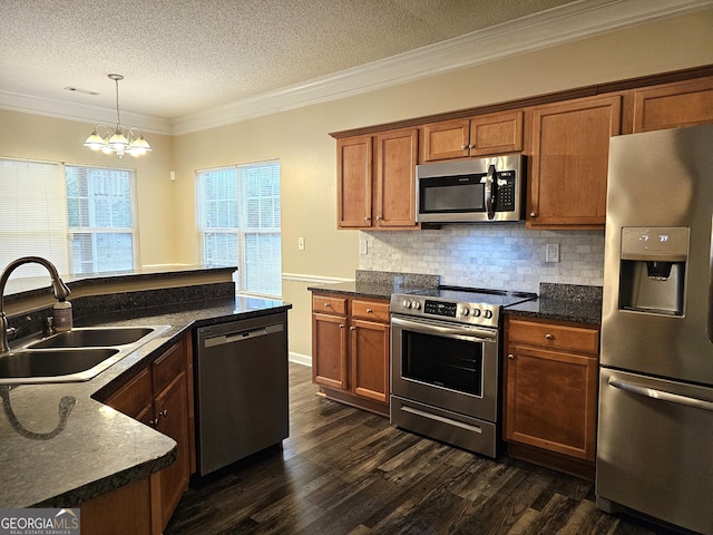 kitchen with appliances with stainless steel finishes, ornamental molding, sink, decorative light fixtures, and a chandelier