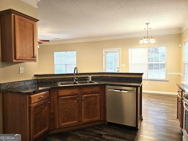 kitchen featuring dark wood-type flooring, ceiling fan with notable chandelier, sink, stainless steel dishwasher, and ornamental molding