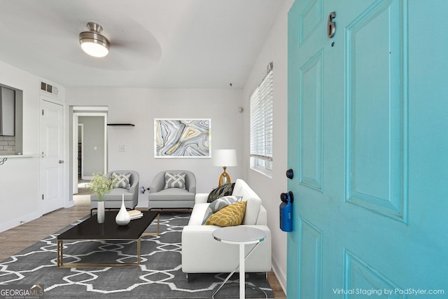 living room featuring ceiling fan and hardwood / wood-style floors