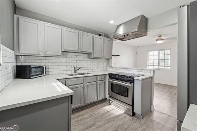 kitchen featuring kitchen peninsula, appliances with stainless steel finishes, wall chimney range hood, sink, and light hardwood / wood-style flooring