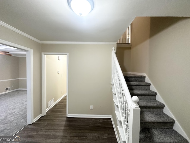 stairs with hardwood / wood-style floors and ornamental molding