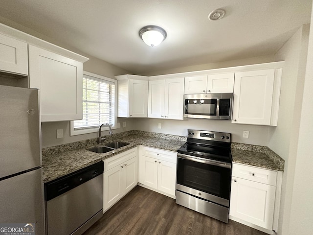 kitchen featuring white cabinets, dark hardwood / wood-style flooring, sink, and stainless steel appliances