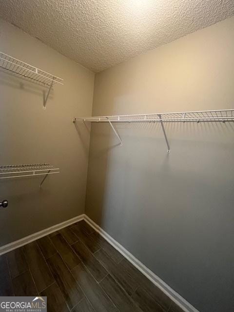 spacious closet featuring dark hardwood / wood-style flooring