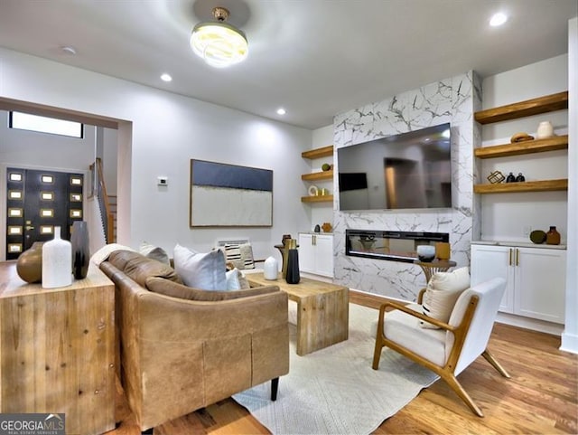 living room with a fireplace and light hardwood / wood-style flooring