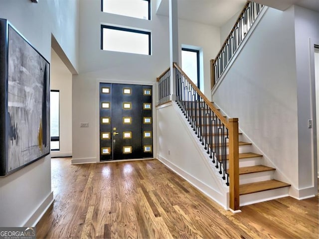 foyer entrance with a high ceiling and hardwood / wood-style flooring