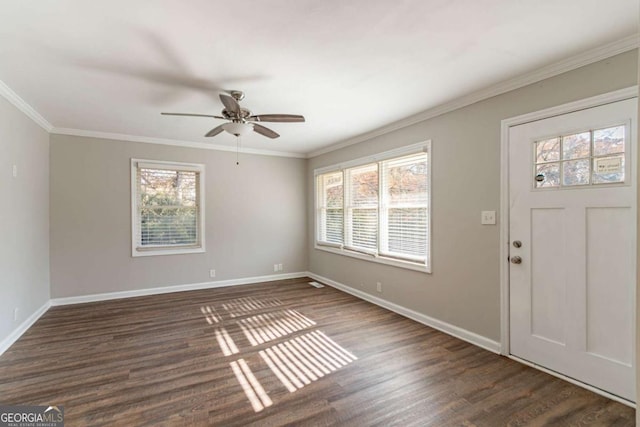 entrance foyer with ceiling fan, crown molding, and dark wood-type flooring