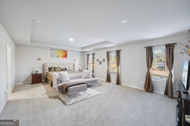 bedroom with light carpet and a raised ceiling