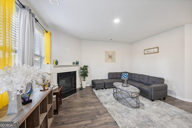 living room featuring dark wood-type flooring