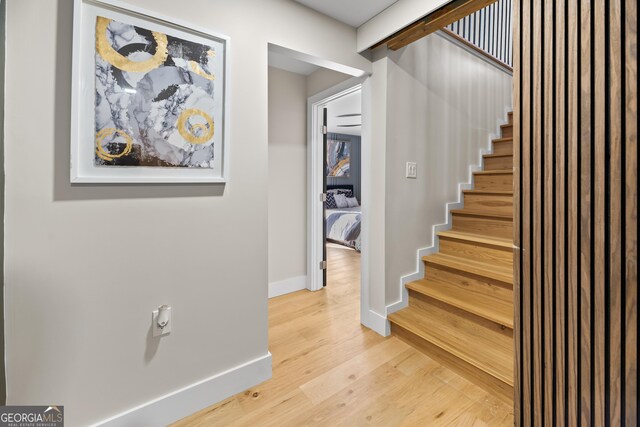 staircase with hardwood / wood-style flooring