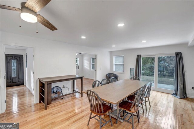 dining area with ceiling fan and light hardwood / wood-style flooring