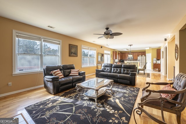 living room with ceiling fan and light wood-type flooring