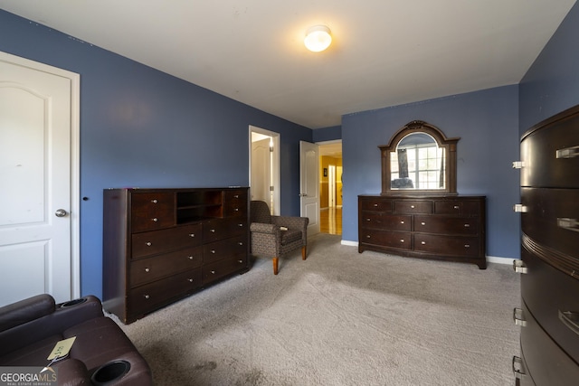 bedroom with light carpet