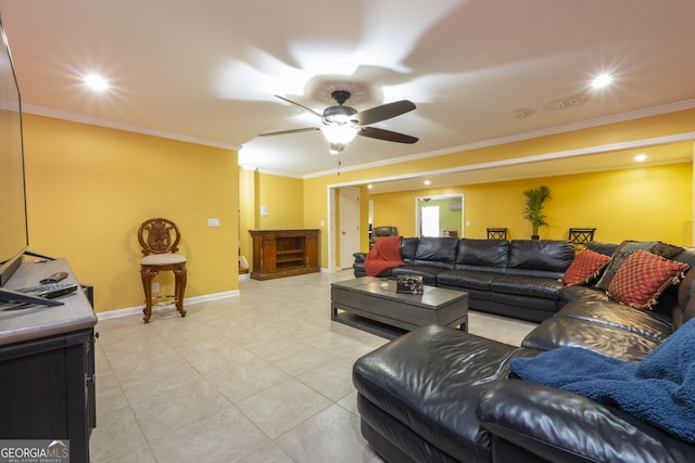 living room featuring ceiling fan and crown molding