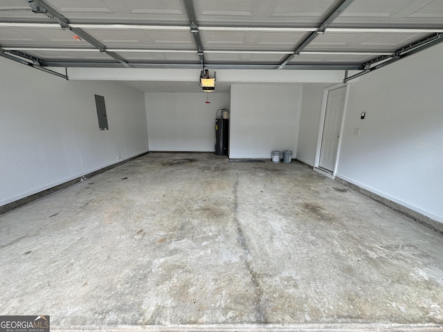 garage featuring electric panel, a garage door opener, and water heater