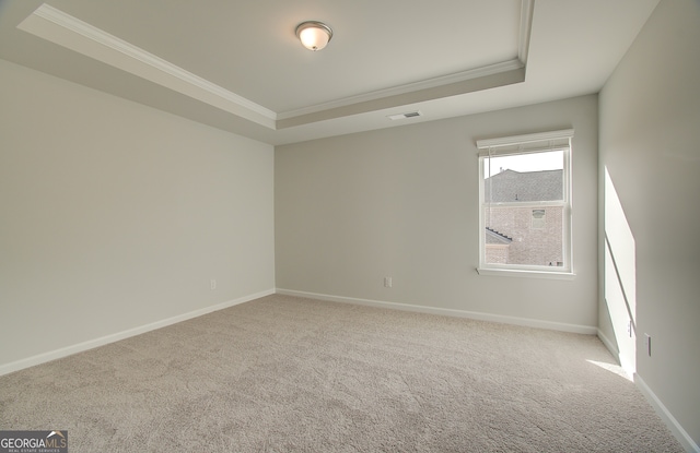 empty room with crown molding, a raised ceiling, and carpet flooring