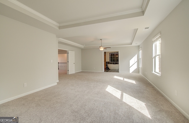 unfurnished living room featuring crown molding, light carpet, and a raised ceiling