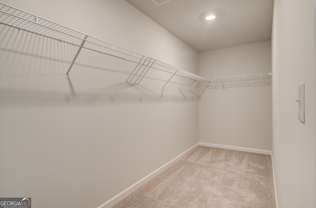 walk in closet with light colored carpet