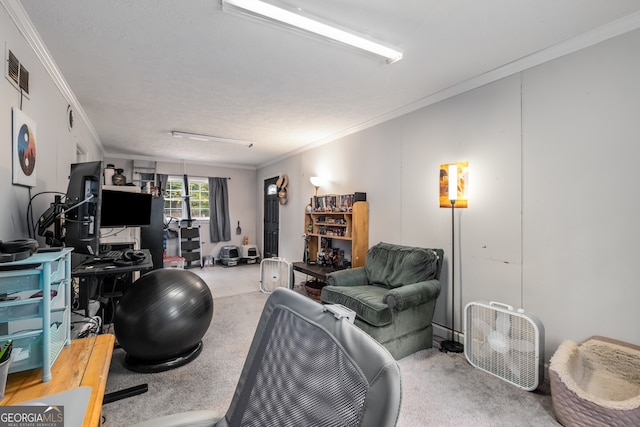 living room featuring crown molding, light colored carpet, and a textured ceiling