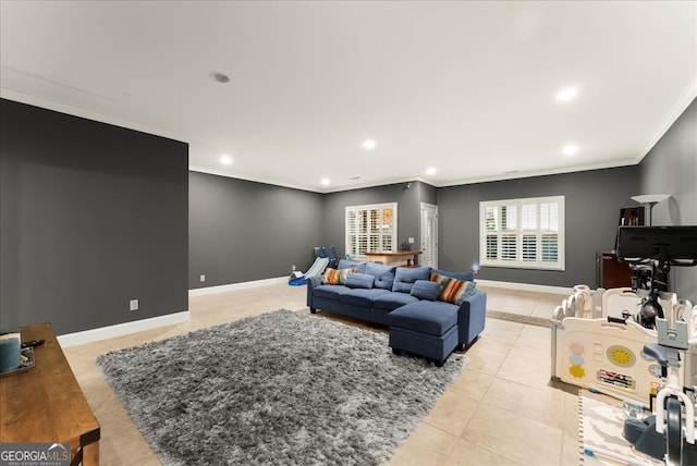 tiled living room featuring crown molding