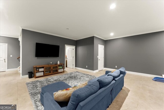 tiled living room featuring ornamental molding