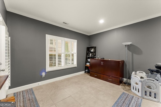 full bathroom with toilet, vanity, ornamental molding, and combined bath / shower with glass door