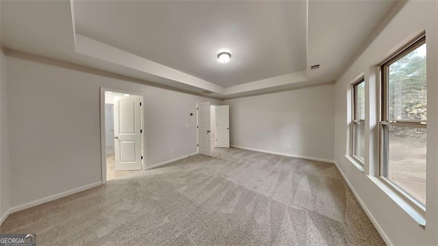 empty room with light carpet and a tray ceiling