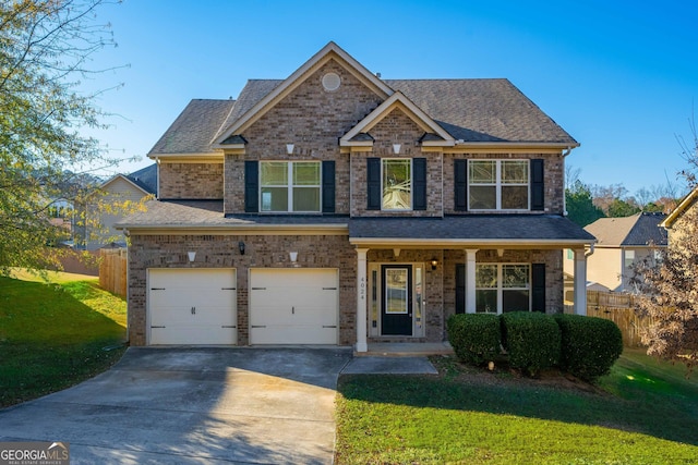 view of front of house with a garage and a front lawn