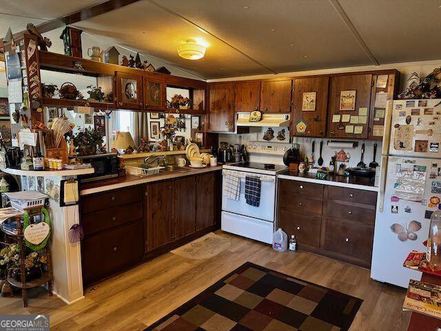 kitchen with white appliances, light hardwood / wood-style flooring, dark brown cabinetry, and range hood