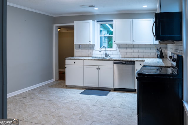 kitchen with sink, light stone counters, crown molding, white cabinets, and appliances with stainless steel finishes