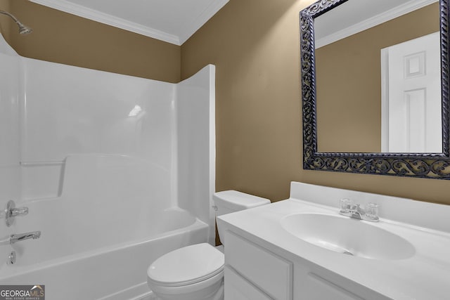 full bathroom featuring vanity, toilet, shower / tub combination, and crown molding