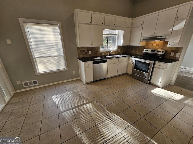 kitchen featuring white cabinets, appliances with stainless steel finishes, tasteful backsplash, and sink