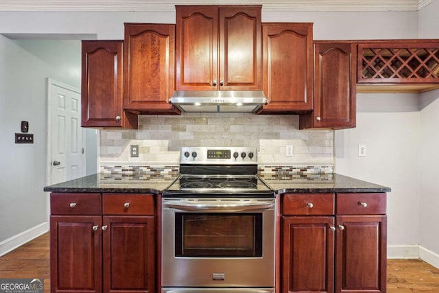 kitchen with hardwood / wood-style floors, tasteful backsplash, stainless steel electric range oven, and dark stone countertops