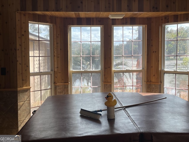 unfurnished dining area featuring a wealth of natural light and wood walls