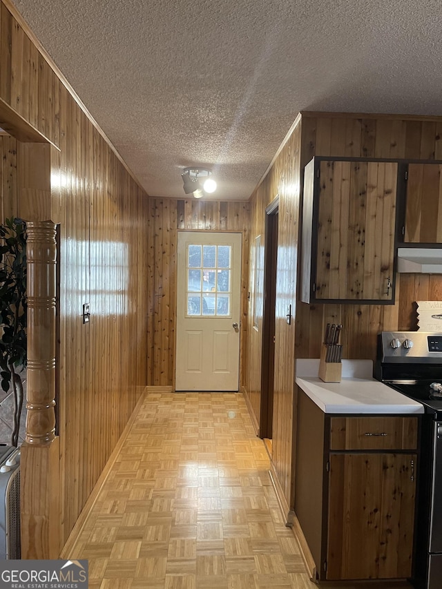 entryway featuring wooden walls and light parquet floors