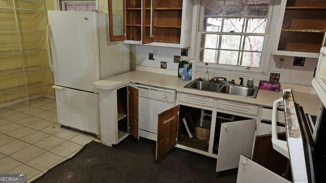 kitchen with white cabinetry, sink, white appliances, and backsplash