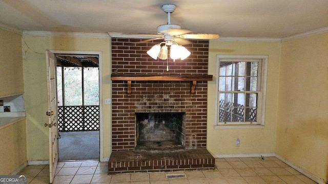 unfurnished living room featuring crown molding, a fireplace, light tile patterned floors, and ceiling fan