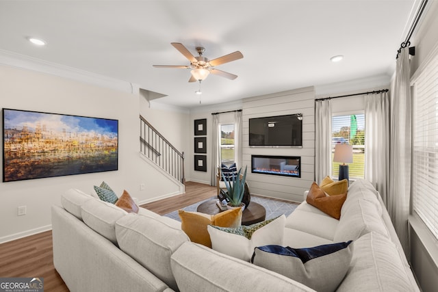 living room with a wealth of natural light, a fireplace, light hardwood / wood-style floors, and ornamental molding