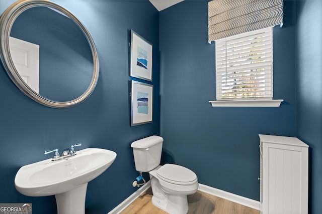 bathroom with wood-type flooring, toilet, and sink