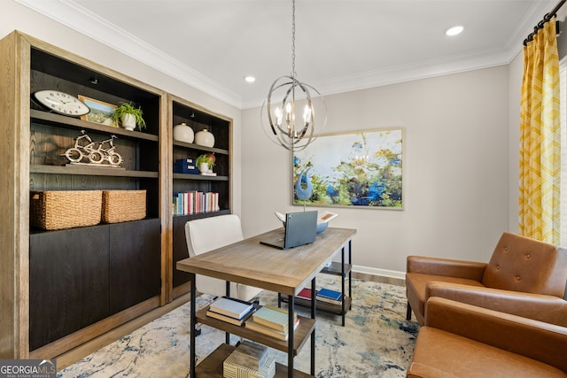 office with built in features, hardwood / wood-style floors, an inviting chandelier, and ornamental molding