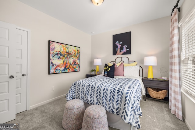 bedroom with light colored carpet