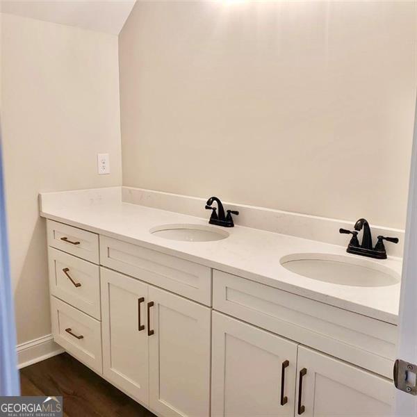 bathroom featuring wood-type flooring and vanity