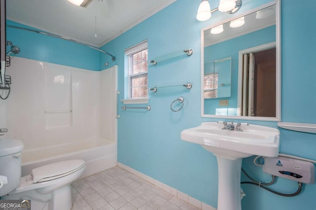 bathroom with tile patterned flooring, ceiling fan, toilet, and shower / bathing tub combination