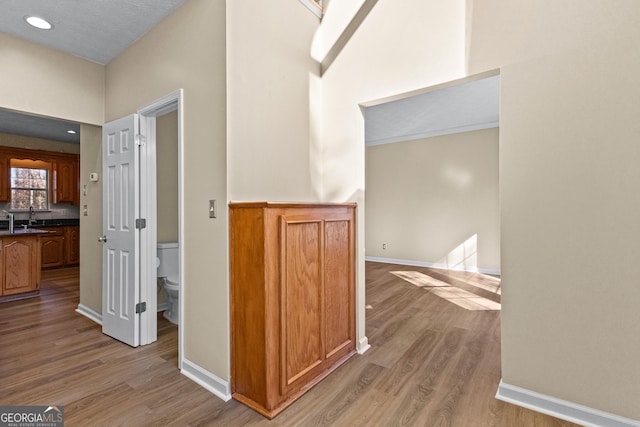 hall with light wood-type flooring and sink