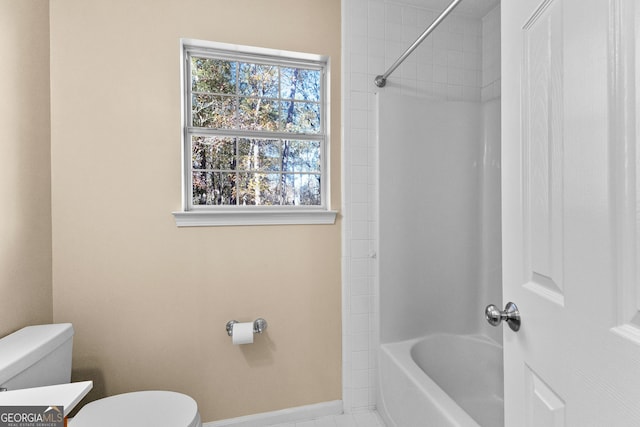 full bathroom with toilet, vanity, plenty of natural light, and bathing tub / shower combination