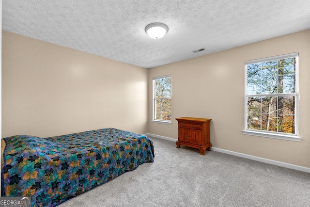 bedroom with a textured ceiling, carpet floors, and multiple windows