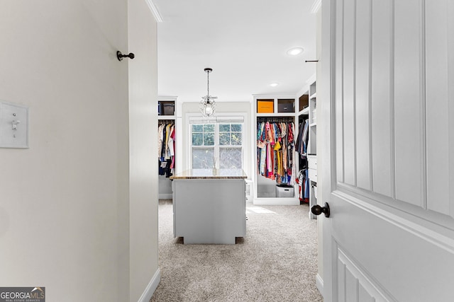 walk in closet with light carpet