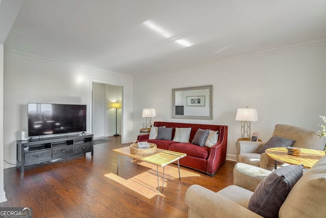 living room with ornamental molding and hardwood / wood-style flooring