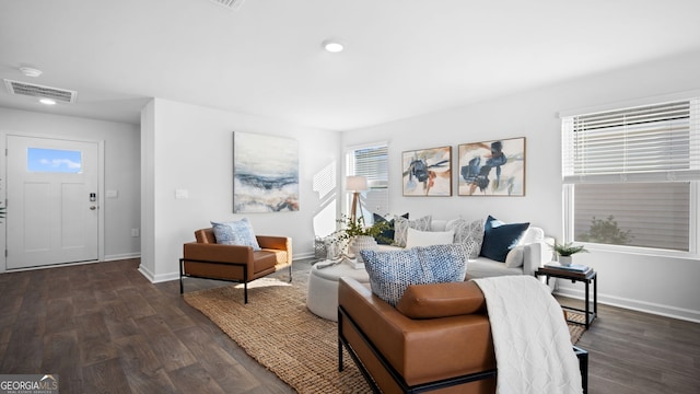 living room featuring dark hardwood / wood-style flooring