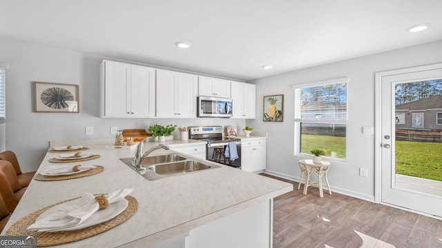 kitchen featuring sink, kitchen peninsula, white cabinets, and appliances with stainless steel finishes