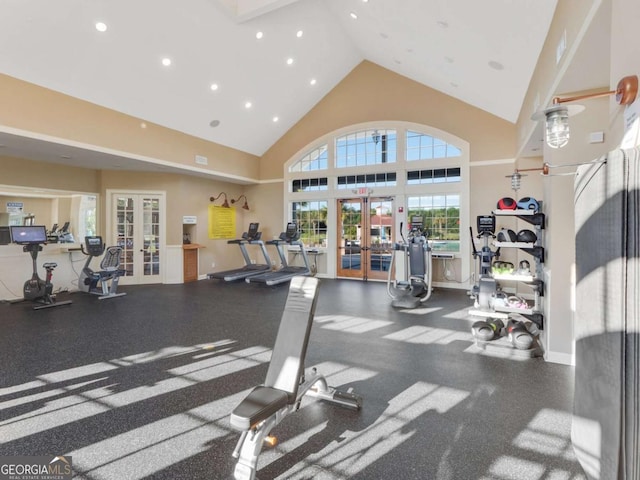 exercise room featuring a towering ceiling and french doors